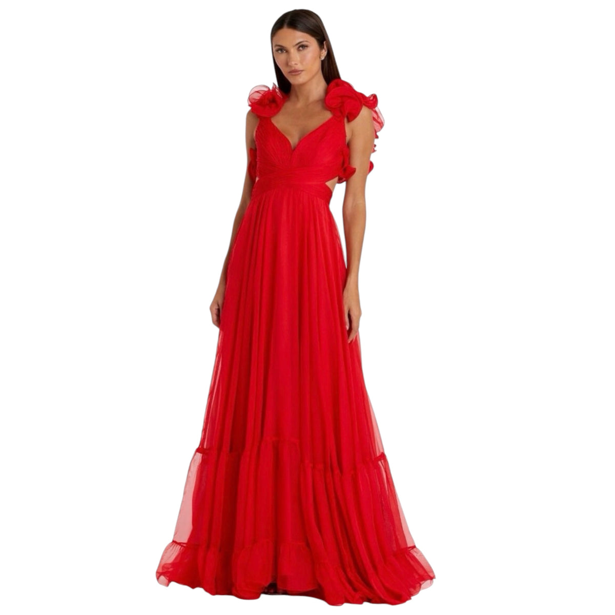 Mac Duggal 67911 Red Iconic Ruffle Tiered Cut-Out Chiffon Gown Size 2