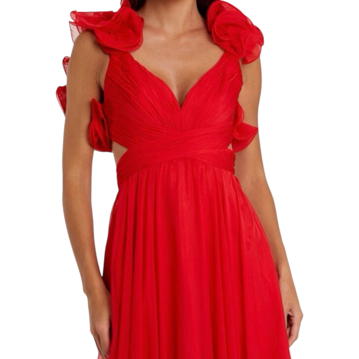 Mac Duggal 67911 Red Iconic Ruffle Tiered Cut-Out Chiffon Gown Size 2