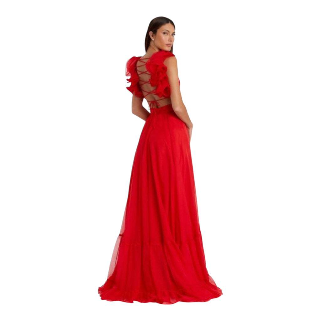 Mac Duggal 67911 Red Iconic Ruffle Tiered Cut-Out Chiffon Gown Size 2