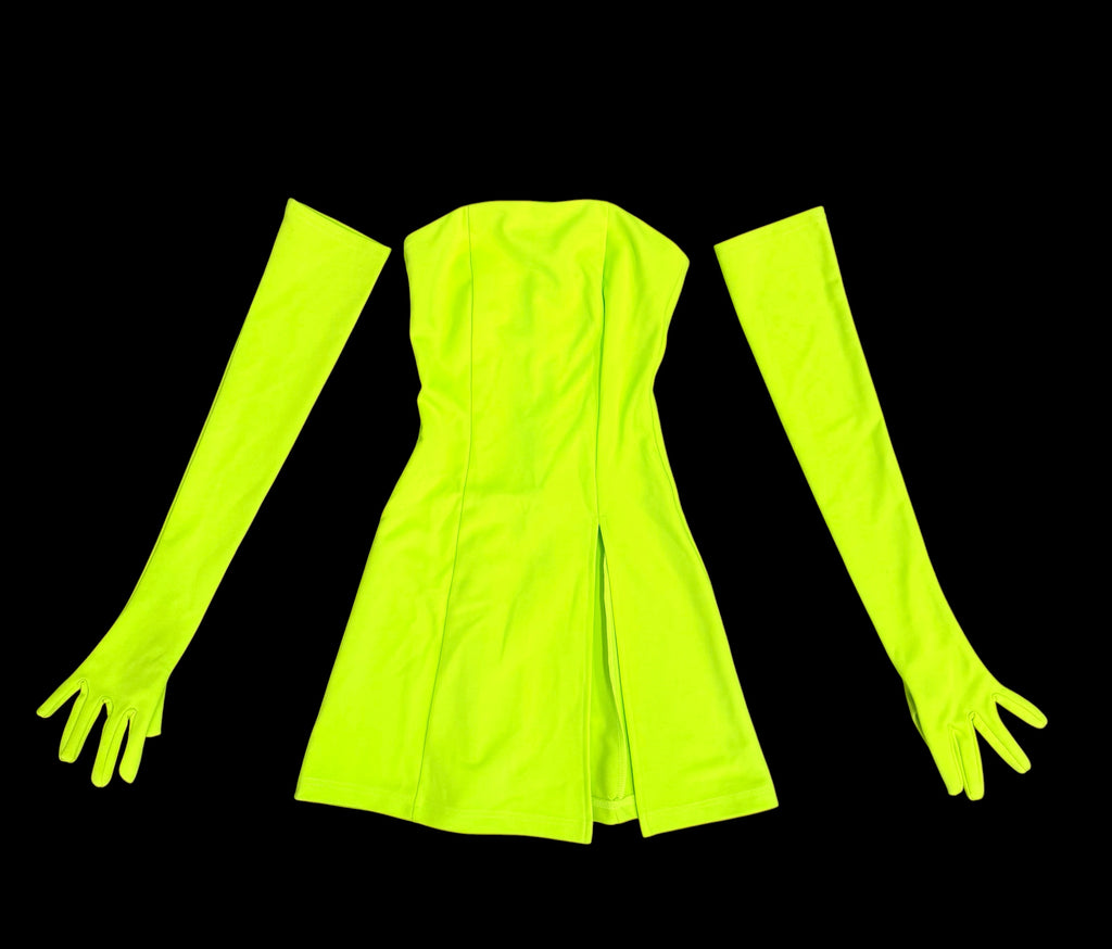 Miscreants London Cupid Mini Dress & Opera Gloves Neon Yellow Green US 2