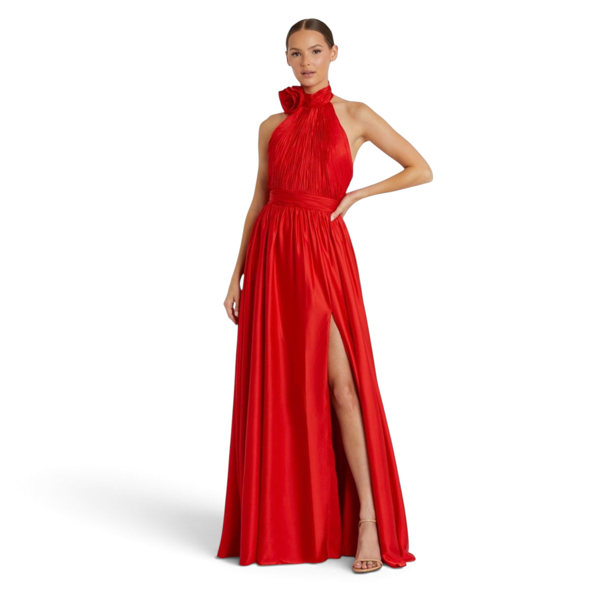 Mac Duggal 49333 Cherry Red Rosette Halter Satin Evening Gown Size 14