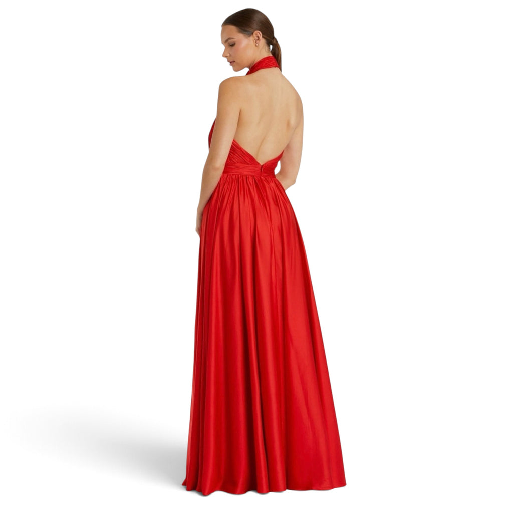 Mac Duggal 49333 Cherry Red Rosette Halter Satin Evening Gown Size 14