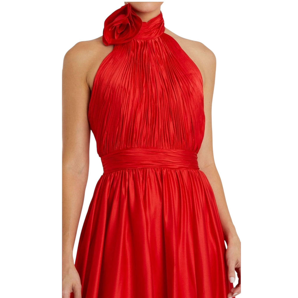 Mac Duggal 49333 Cherry Red Rosette Halter Satin Evening Gown Size 14