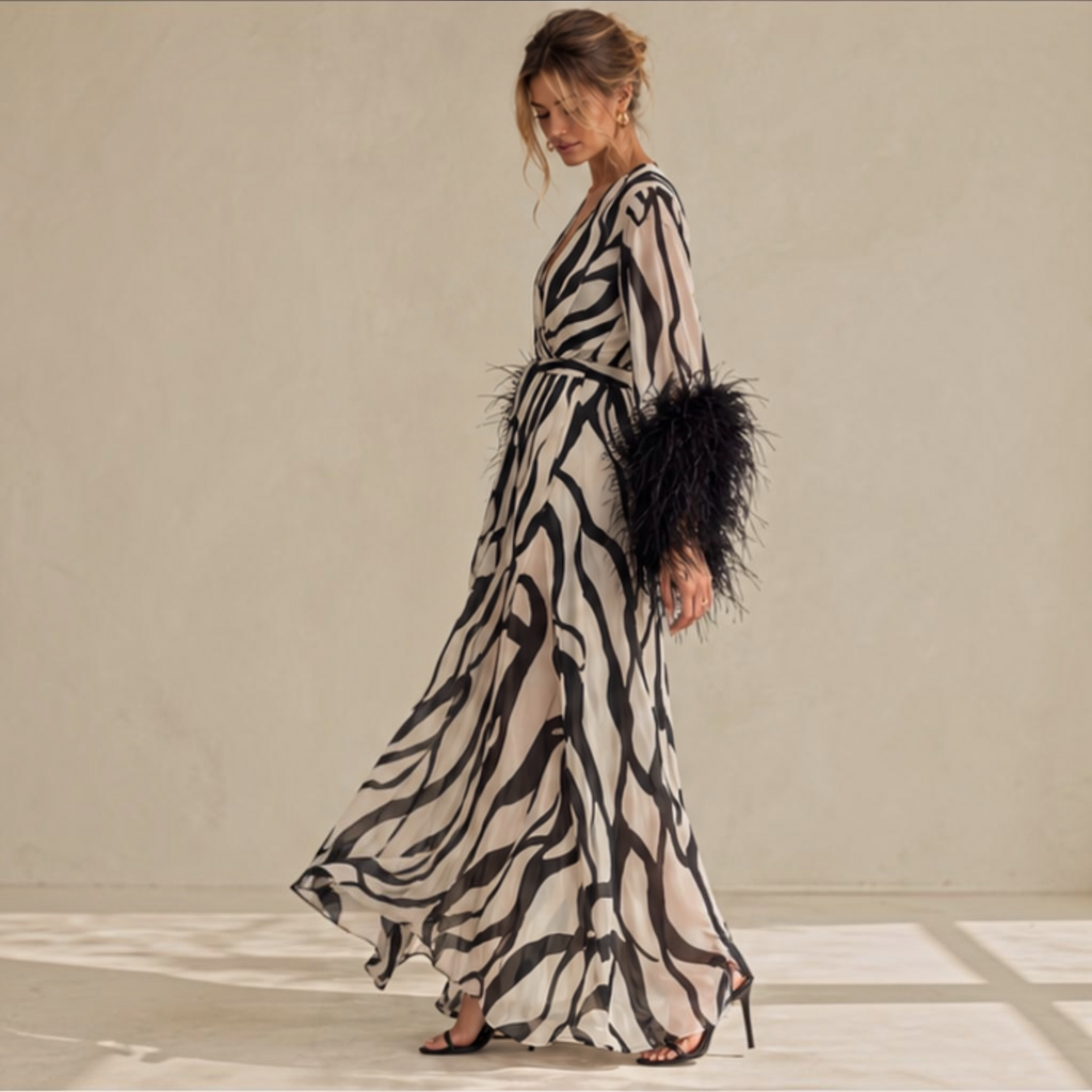 Hutch Flora Organic Layered Geo Chiffon Feather Cuff Wrap Maxi Dress – Size Small
