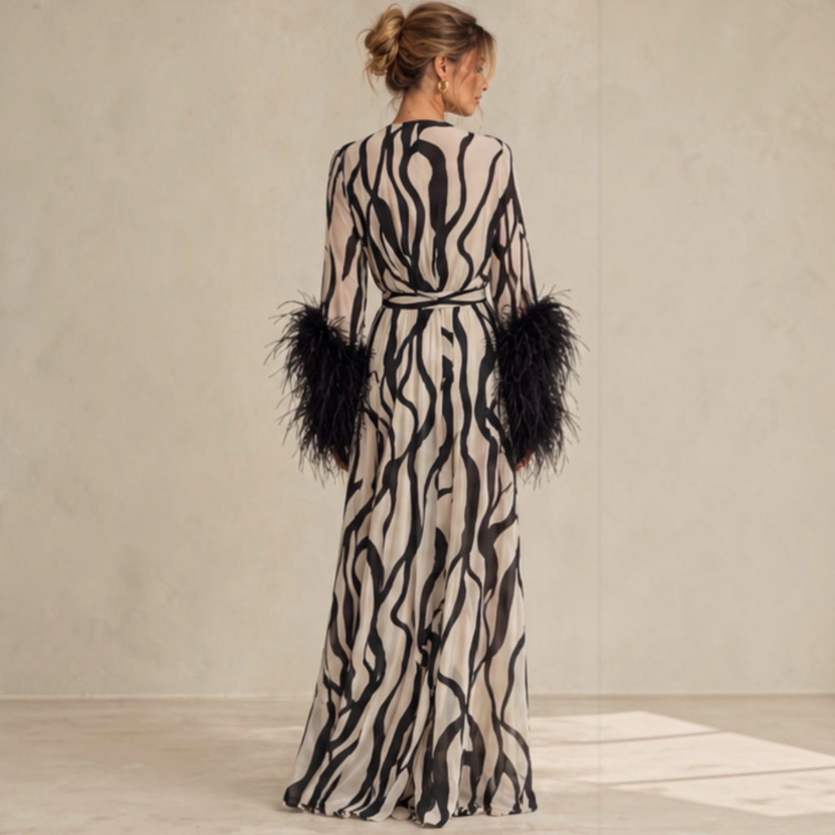 Hutch Flora Organic Layered Geo Chiffon Feather Cuff Wrap Maxi Dress – Size Small