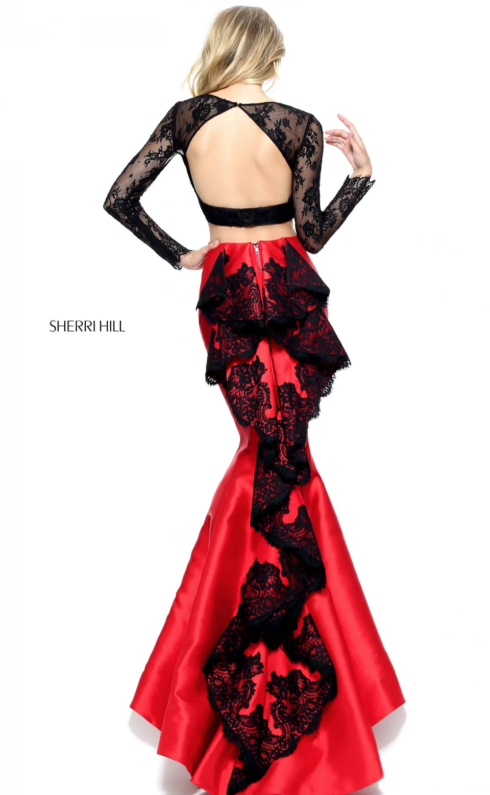 Sherri Hill 51169 Black Red Mermaid Lace Two Piece Gown Size 6 $598