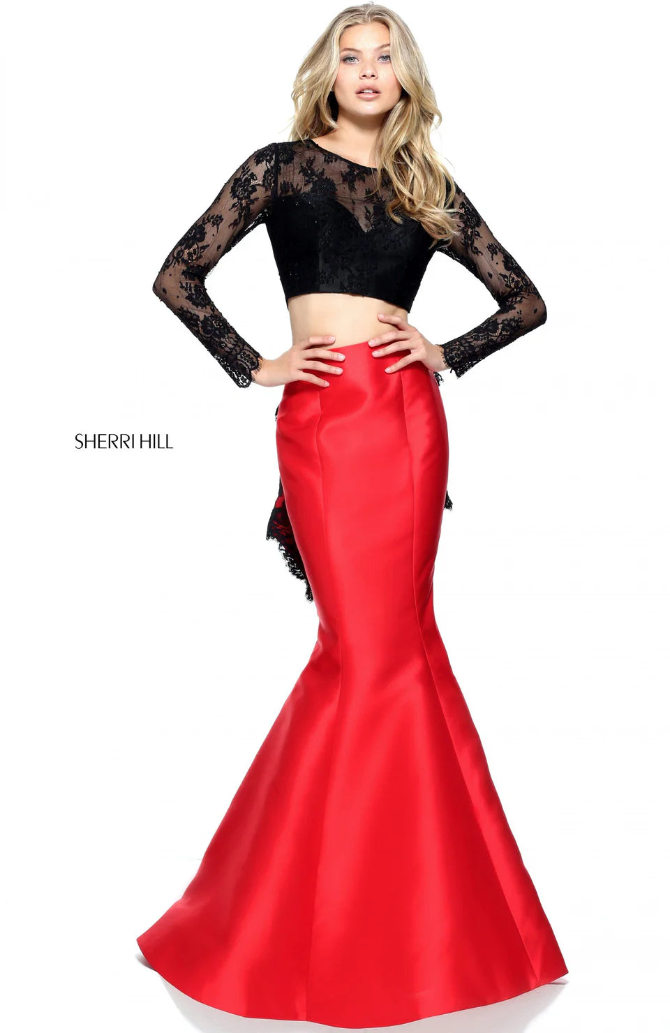 Sherri Hill 51169 Black Red Mermaid Lace Two Piece Gown Size 6 $598