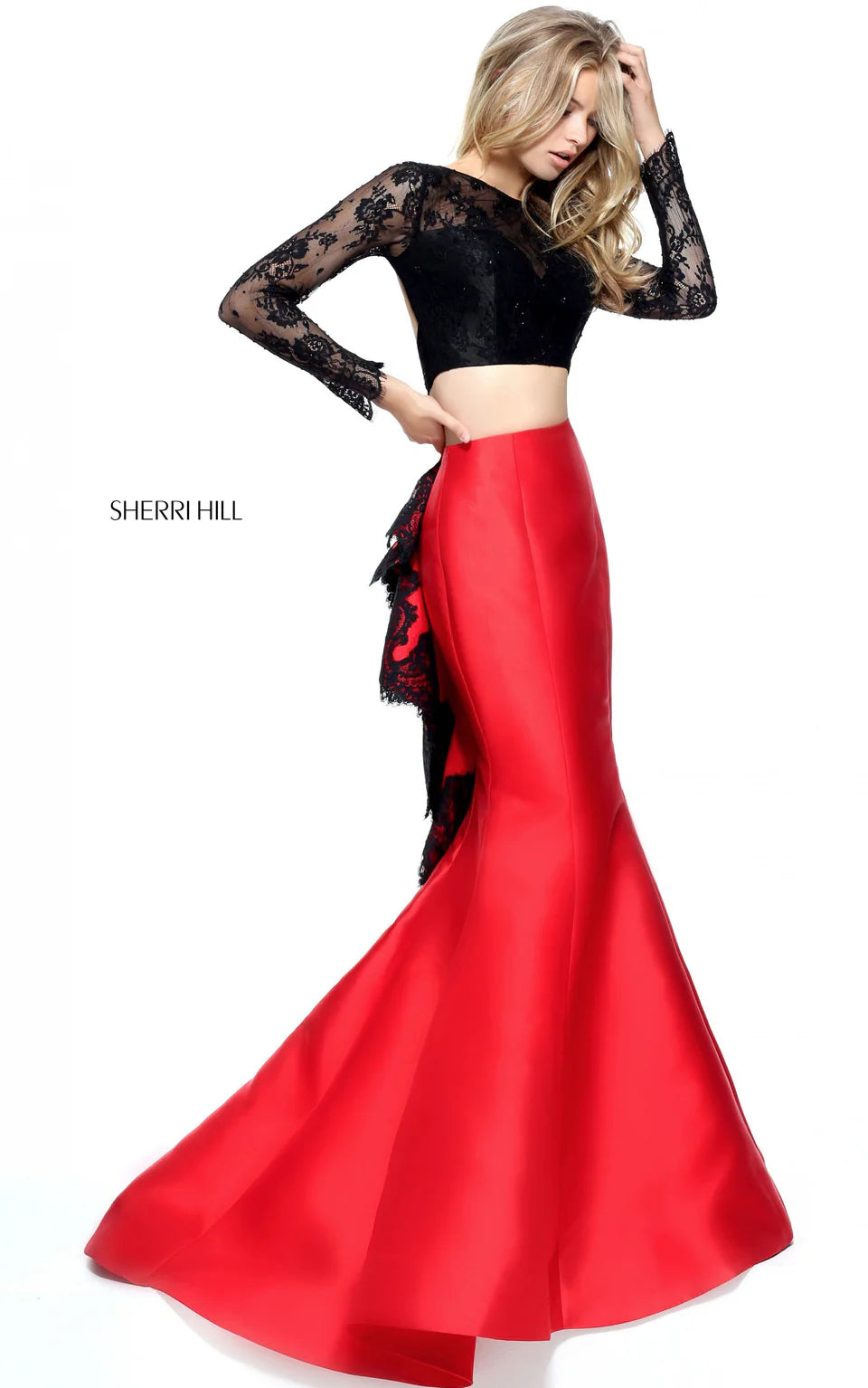 Sherri Hill 51169 Black Red Mermaid Lace Two Piece Gown Size 6 $598