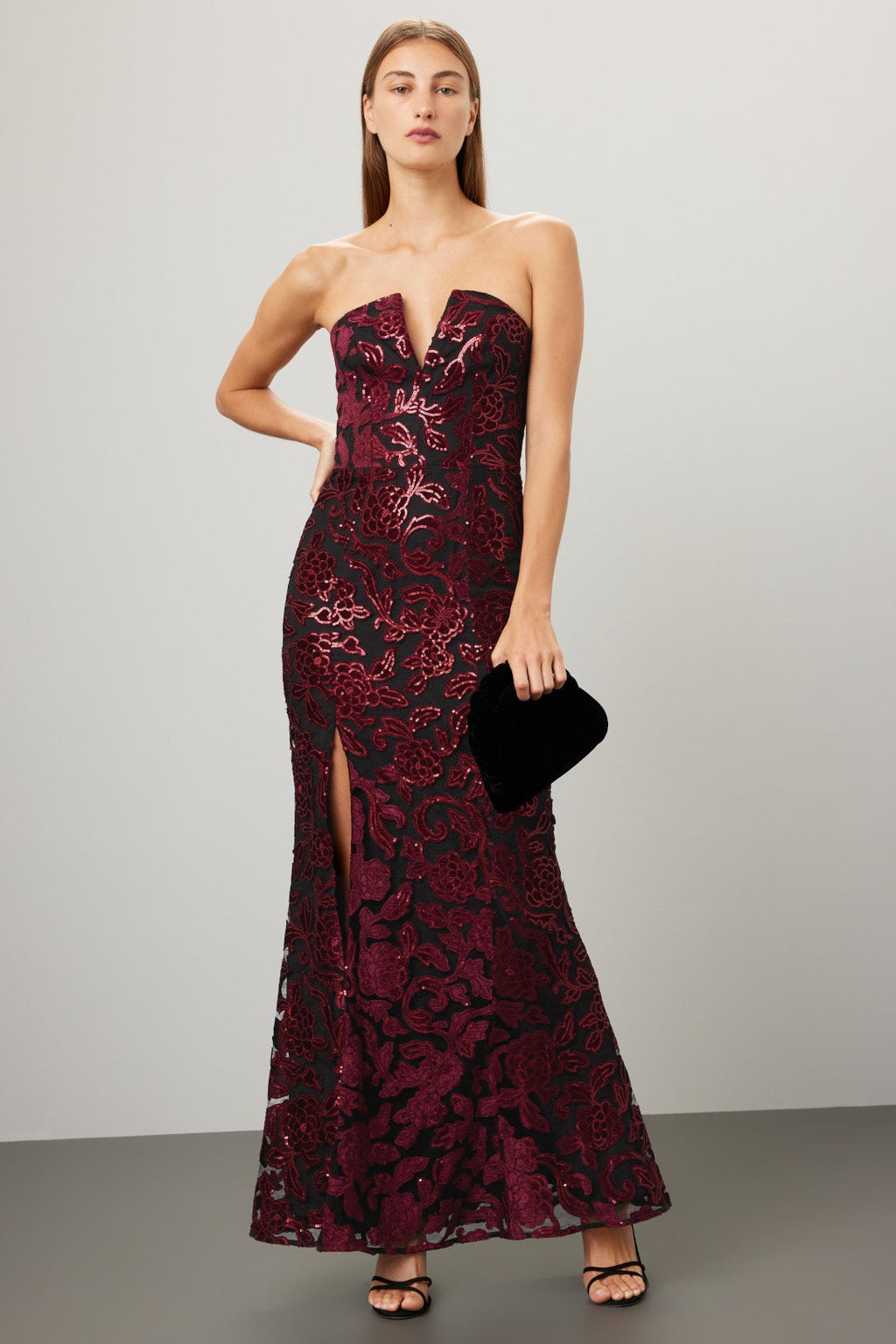 Dress the Population Fernanda Floral Sequin Strapless Gown Black Burgundy Sz Small $398