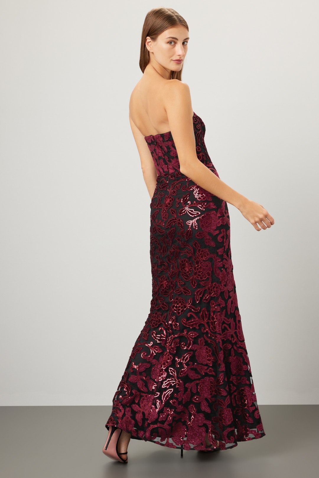Dress the Population Fernanda Floral Sequin Strapless Gown Black Burgundy Sz Small $398
