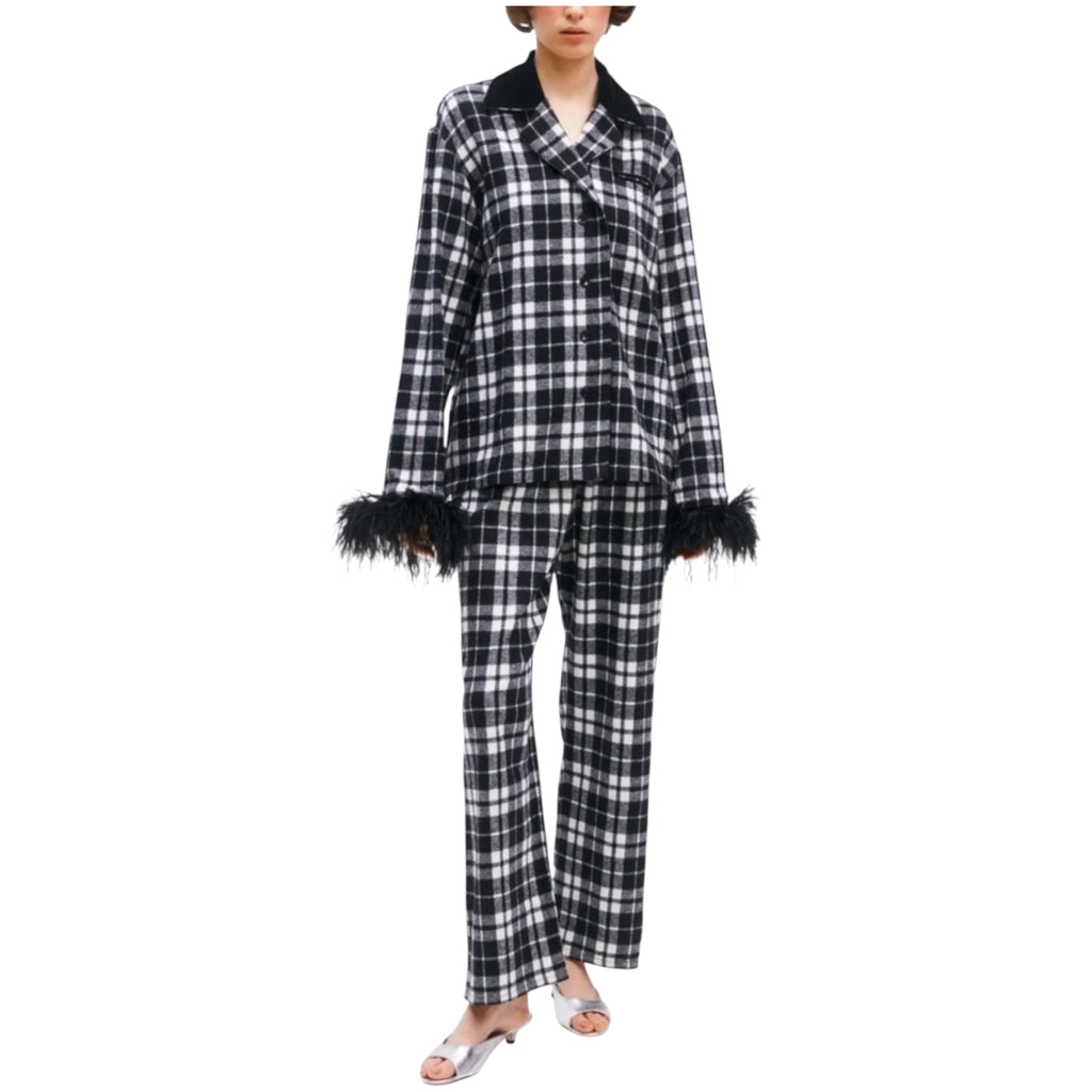 Sleeper Feather Trim Plaid Flannel Pajama Set Black & White Sz Small