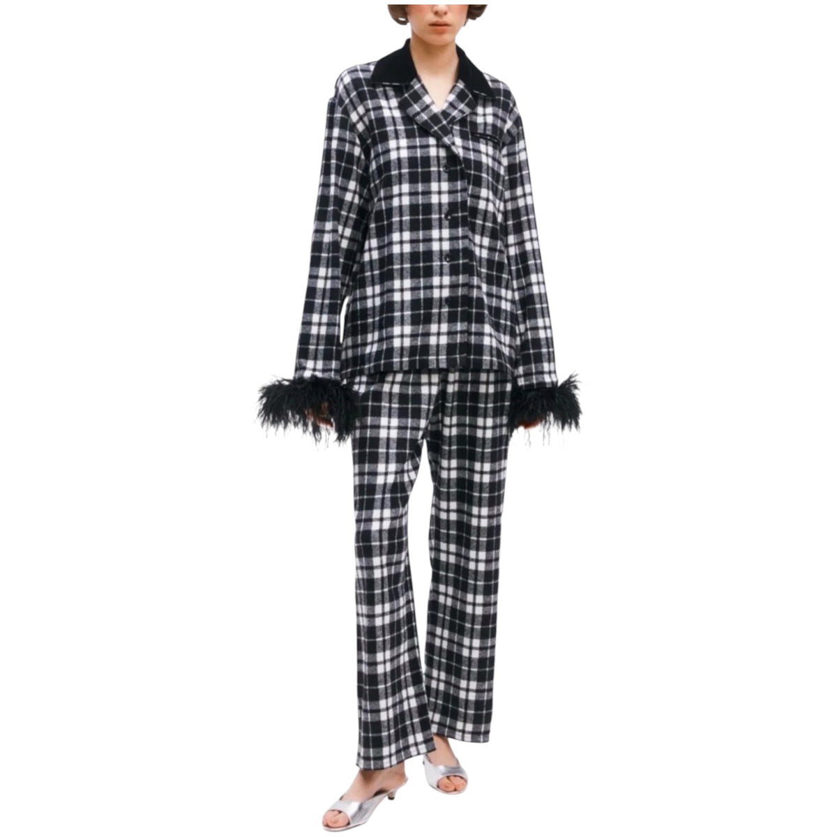 Sleeper Feather Trim Plaid Flannel Pajama Set Black & White Sz Small