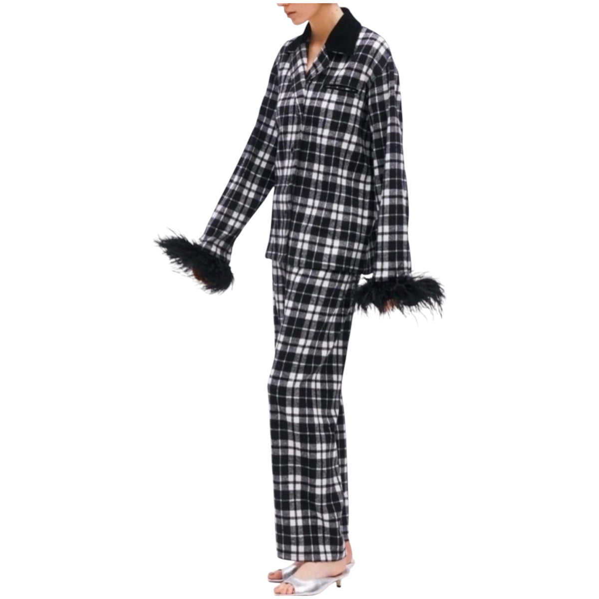 Sleeper Feather Trim Plaid Flannel Pajama Set Black & White Sz Small
