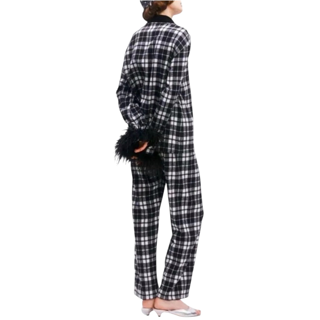 Sleeper Feather Trim Plaid Flannel Pajama Set Black & White Sz Small