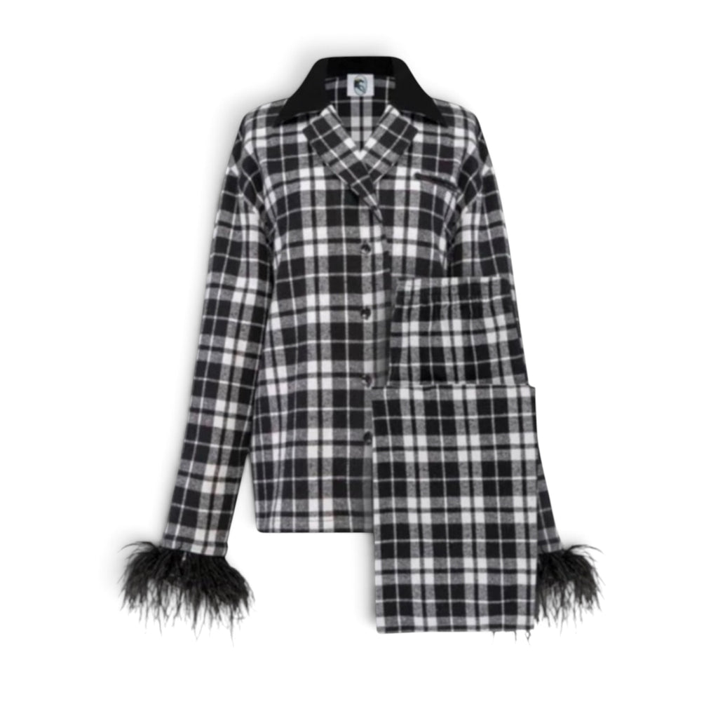 Sleeper Feather Trim Plaid Flannel Pajama Set Black & White Sz Small