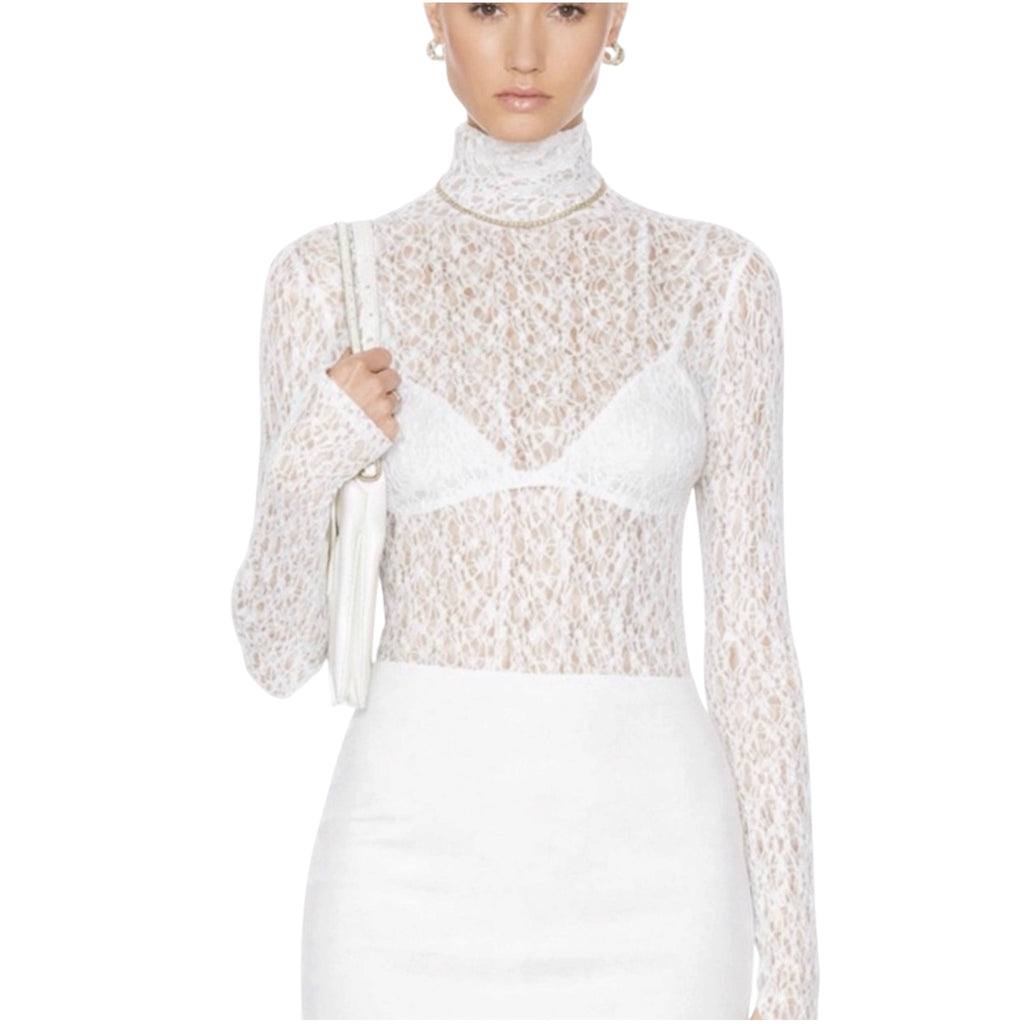 ENZA COSTA Lace Turtleneck Top in White Size XS
