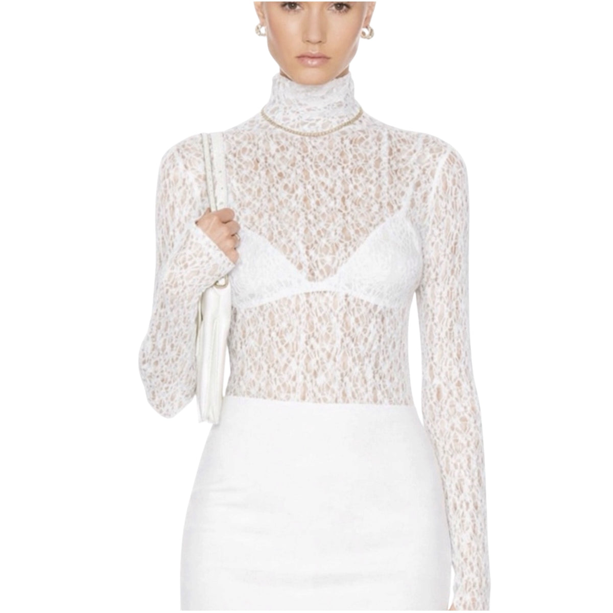 ENZA COSTA Lace Turtleneck Top in White Size XS