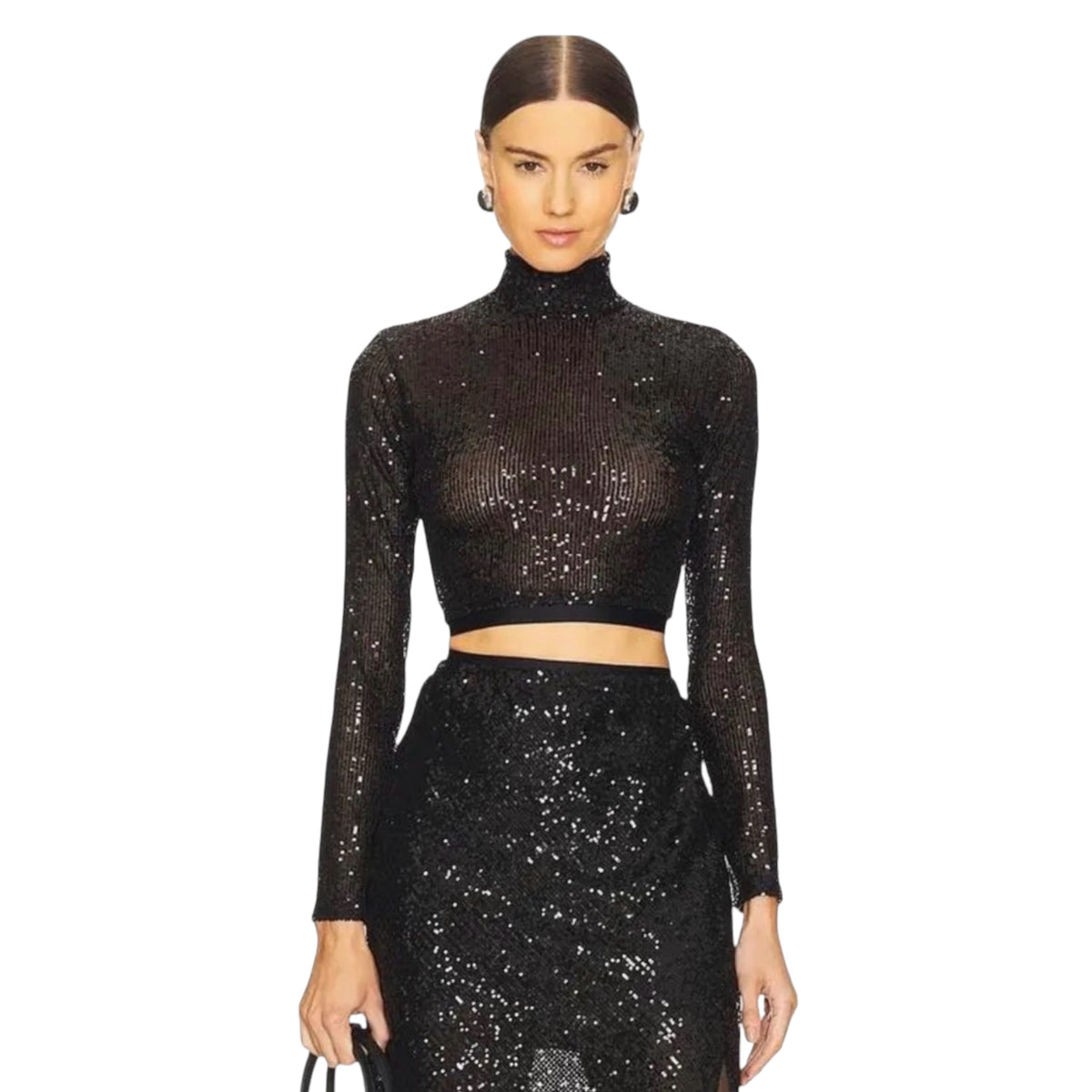 Enza Costa Sequin Cropped Mock
Neck Top Black XS