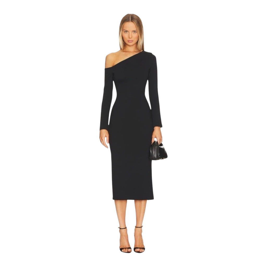 Enza Costa Exposed Shoulder Black Midi Dress XS