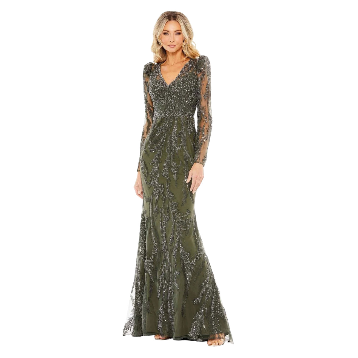 Mac Duggal 20349 Olive Green Beaded V-Neck Gown Long Sleeve Formal Sz 10