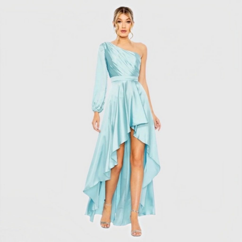 Mac Duggal 49141 French Blue One Shoulder Satin Hi-Low Gown Size 8
