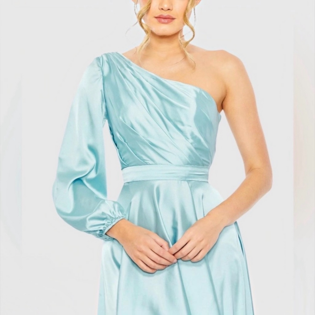 Mac Duggal 49141 French Blue One Shoulder Satin Hi-Low Gown Size 8
