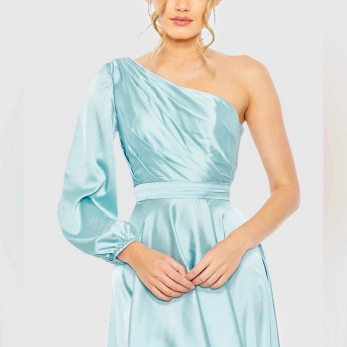 Mac Duggal 49141 French Blue One Shoulder Satin Hi-Low Gown Size 8