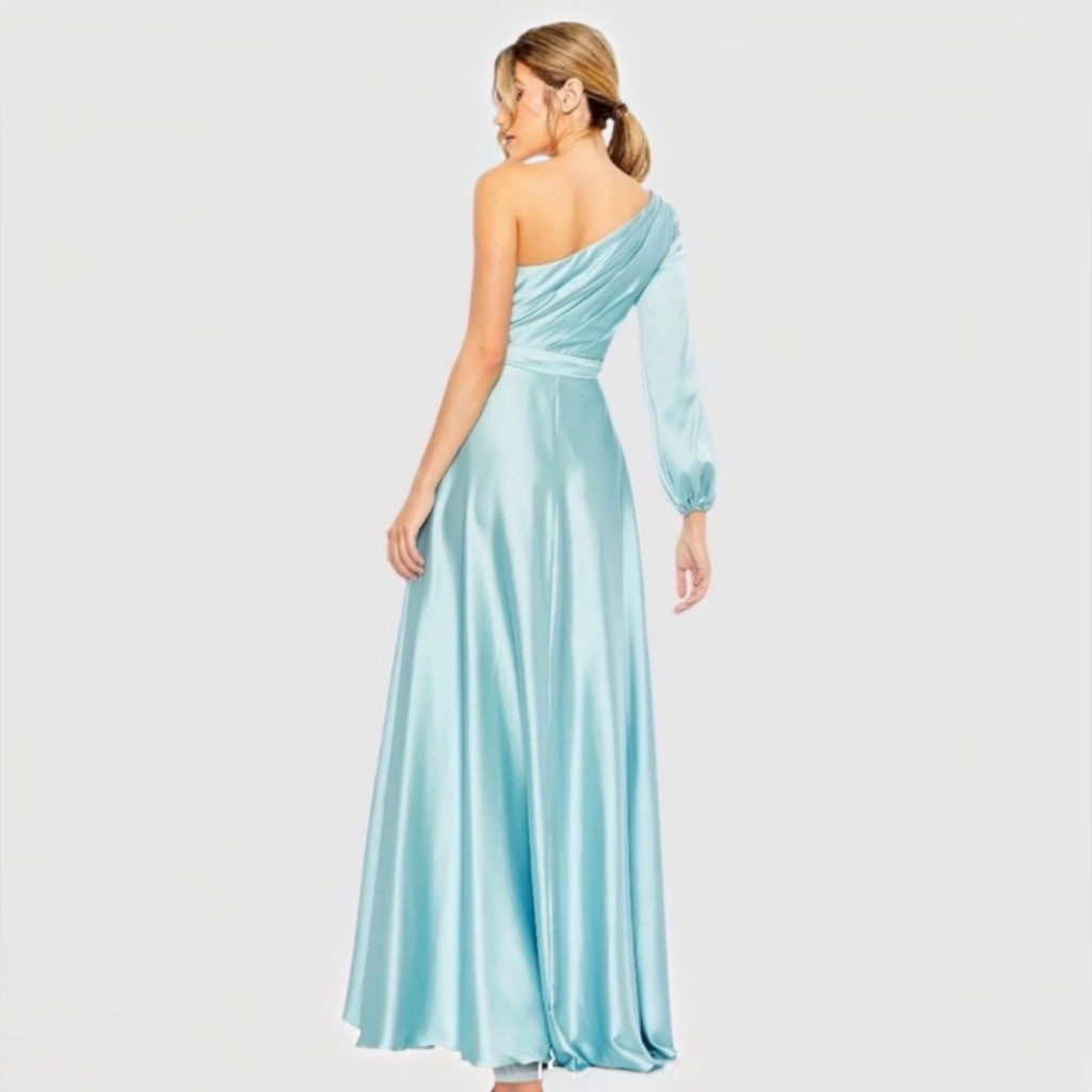 Mac Duggal 49141 French Blue One Shoulder Satin Hi-Low Gown Size 8