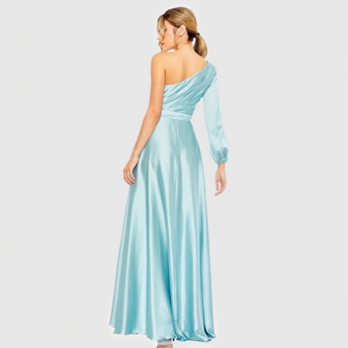 Mac Duggal 49141 French Blue One Shoulder Satin Hi-Low Gown Size 8
