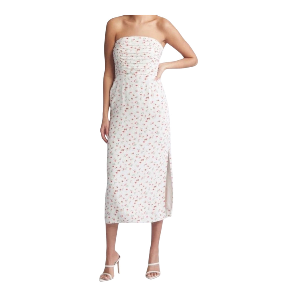 WAYF Birdie Ruched Strapless Midi Dress Ivory Ditsy Sz Small