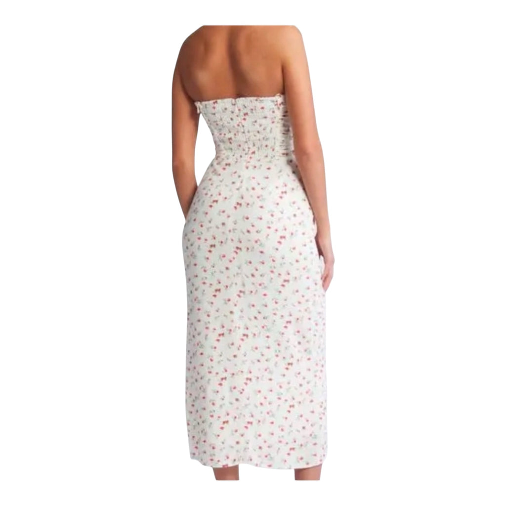 WAYF Birdie Ruched Strapless Midi Dress Ivory Ditsy Sz Small