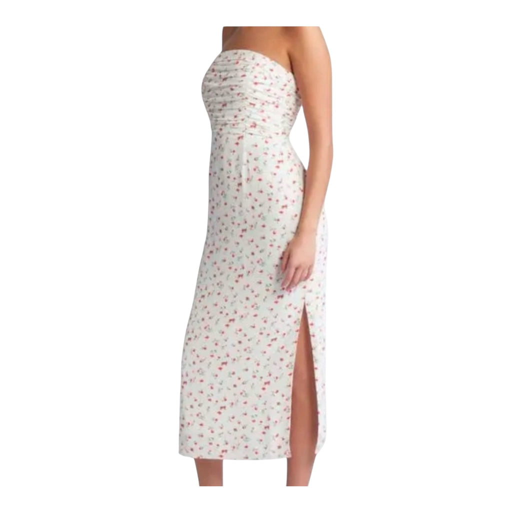 WAYF Birdie Ruched Strapless Midi Dress Ivory Ditsy Sz Small