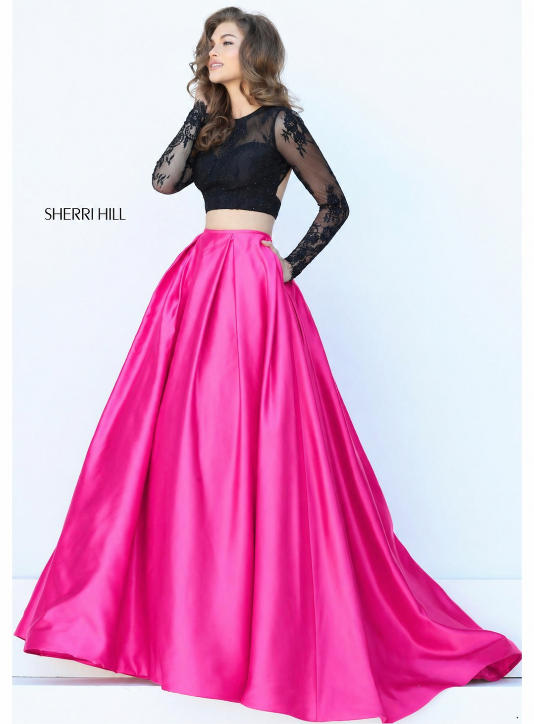 Sherri Hill 50357 Black Fuchsia Two Piece Ball Gown Size 2 $558