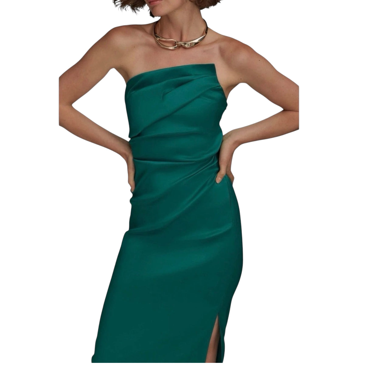 DONNA KARAN Ruched Strapless Satin Gown Emerald Green Size 2