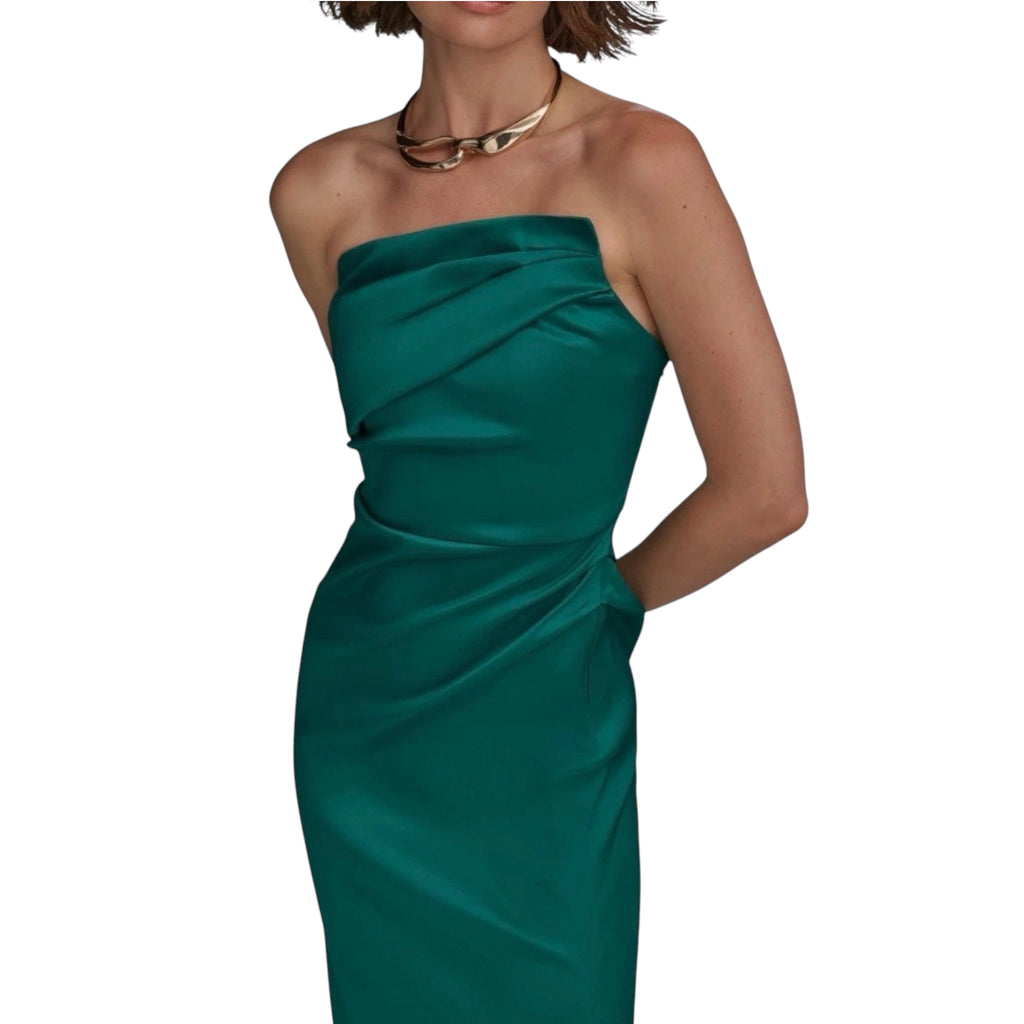 DONNA KARAN Ruched Strapless Satin Gown Emerald Green Size 2