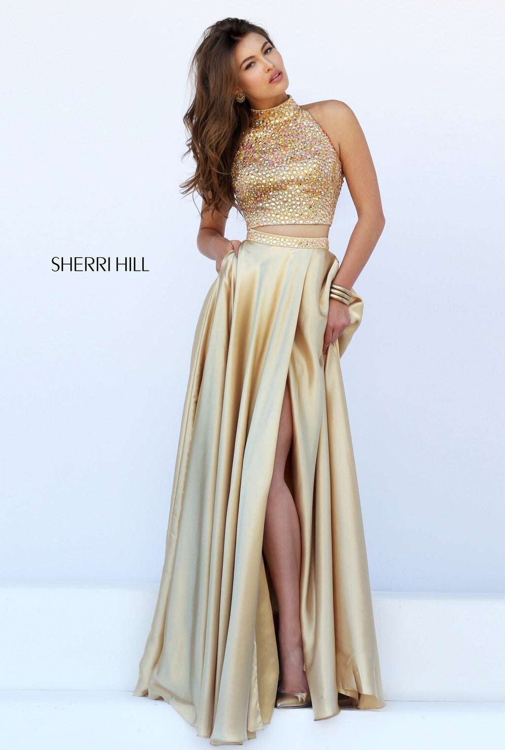 Sherri Hill 11330 Gold Two Piece Beaded Halter High Slit Gown Size 6 $498