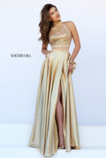 Sherri Hill 11330 Gold Two Piece Beaded Halter High Slit Gown Size 6 $498