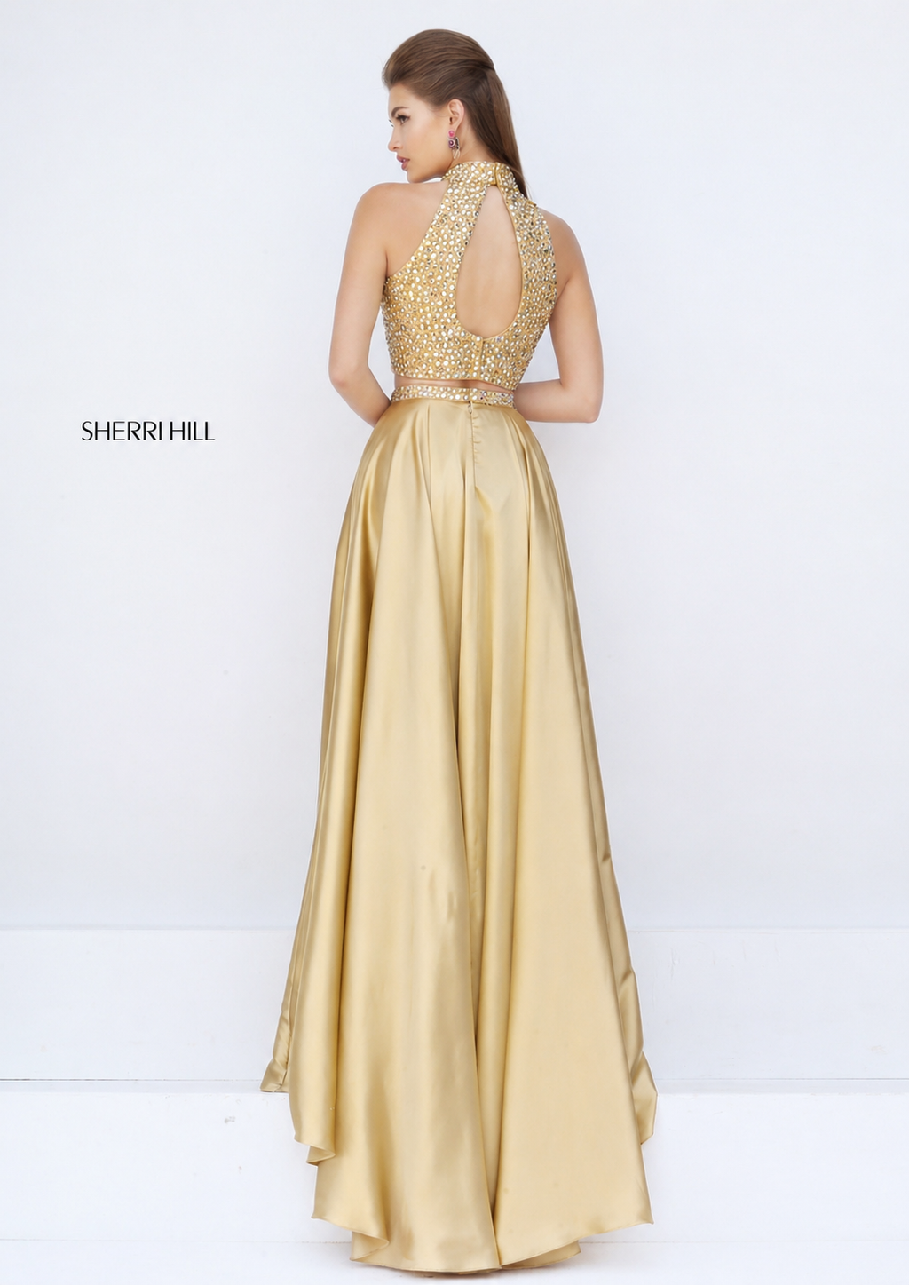 Sherri Hill 11330 Gold Two Piece Beaded Halter High Slit Gown Size 6 $498