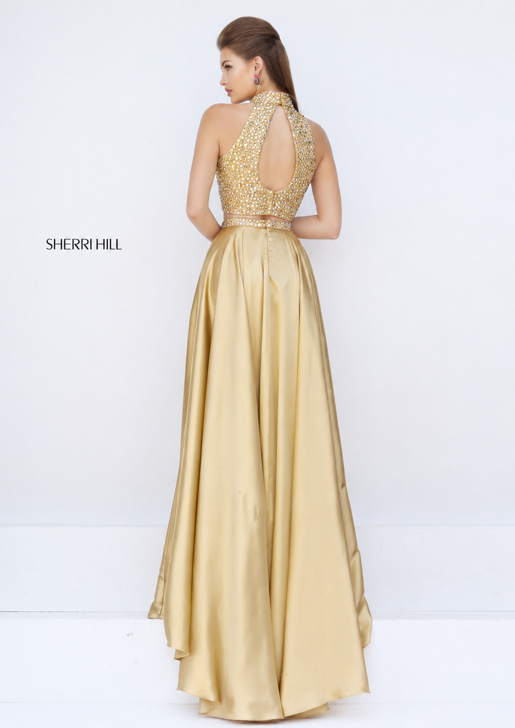 Sherri Hill 11330 Gold Two Piece Beaded Halter High Slit Gown Size 6 $498