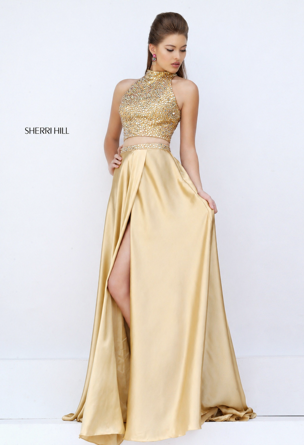 Sherri Hill 11330 Gold Two Piece Beaded Halter High Slit Gown Size 6 $498