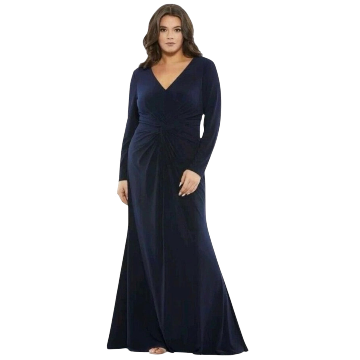 MAC DUGGAL 49504 Front Twist Long Sleeve V-Neck Gown (Plus) Midnight Blue Sz 14W