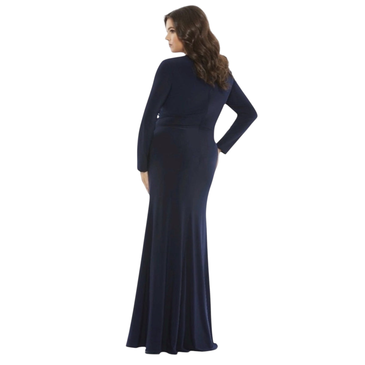 MAC DUGGAL 49504 Front Twist Long Sleeve V-Neck Gown (Plus) Midnight Blue Sz 14W