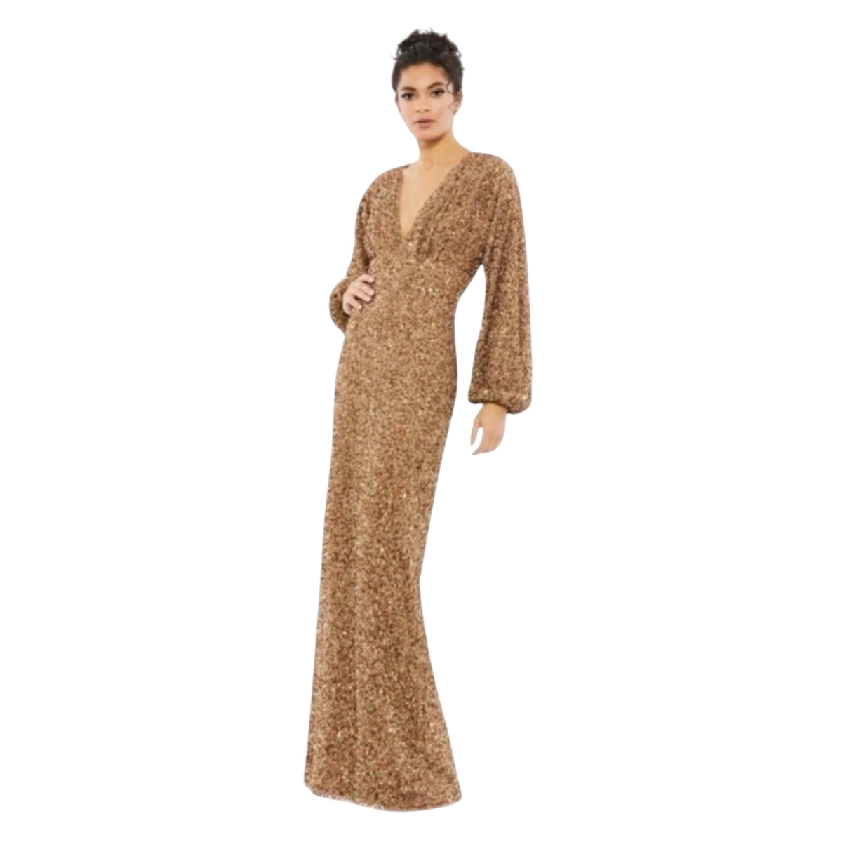 MAC DUGGAL Sequined Puff Sleeve V Neck Gown #10791 Bronze Sz 4
