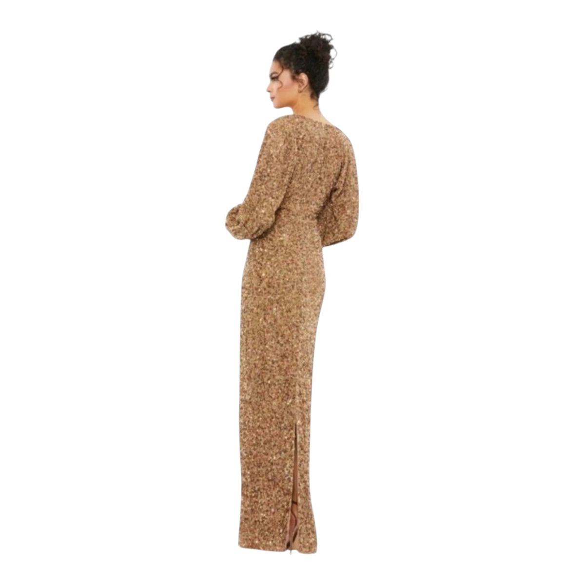 MAC DUGGAL Sequined Puff Sleeve V Neck Gown #10791 Bronze Sz 4