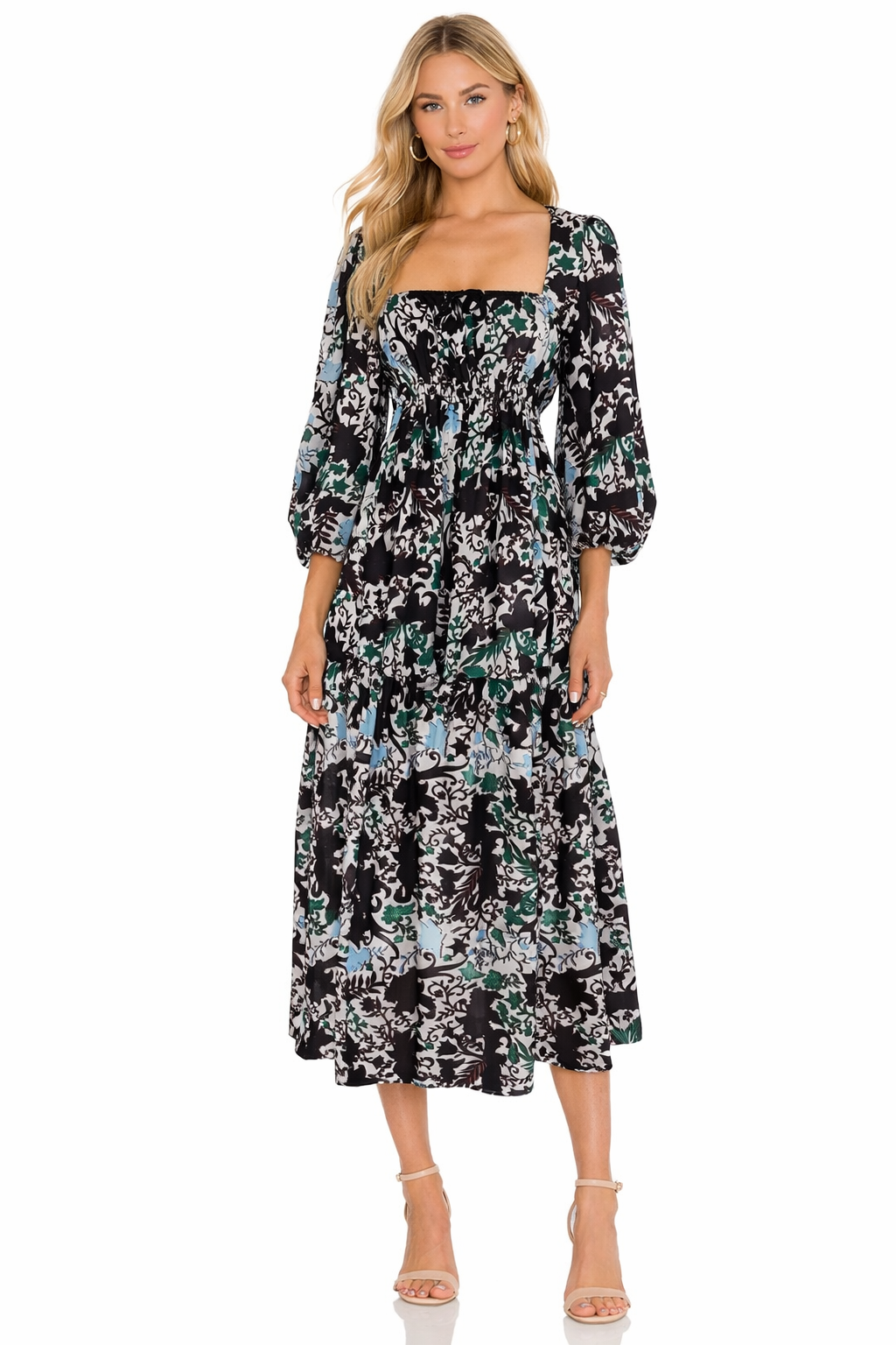 Delfi Abstract Floral Puff Sleeve Midi Dress | Small $399