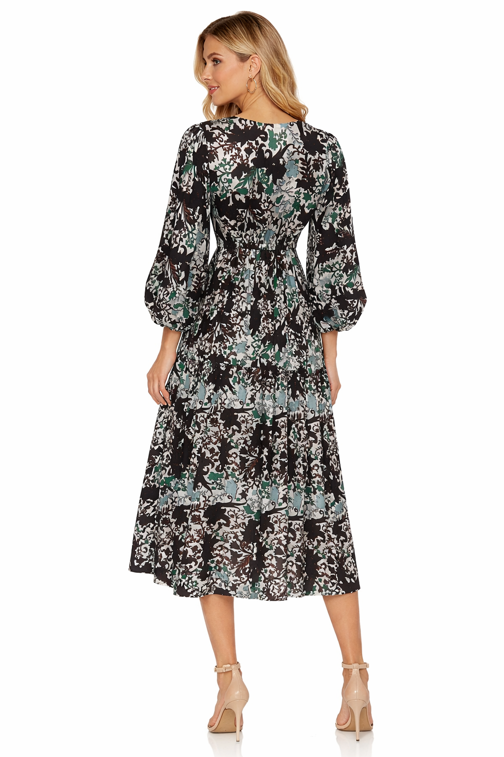 Delfi Abstract Floral Puff Sleeve Midi Dress | Small $399