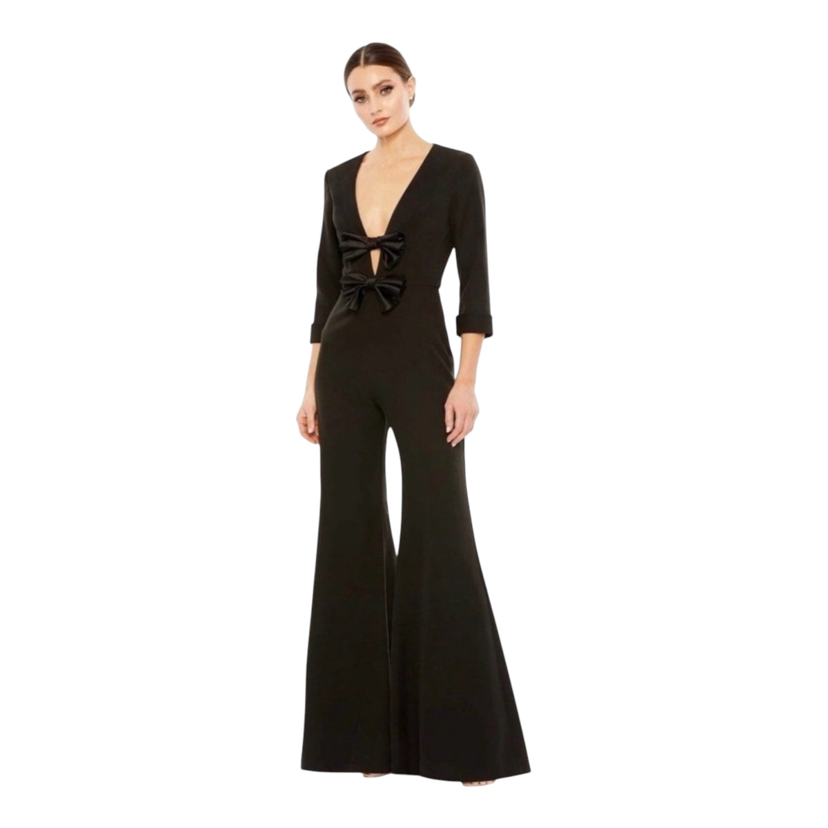 Mac Duggal 27033 LONG SLEEVE BOW DETAIL WIDE LEG-JUMPSUIT Black Sz 6
