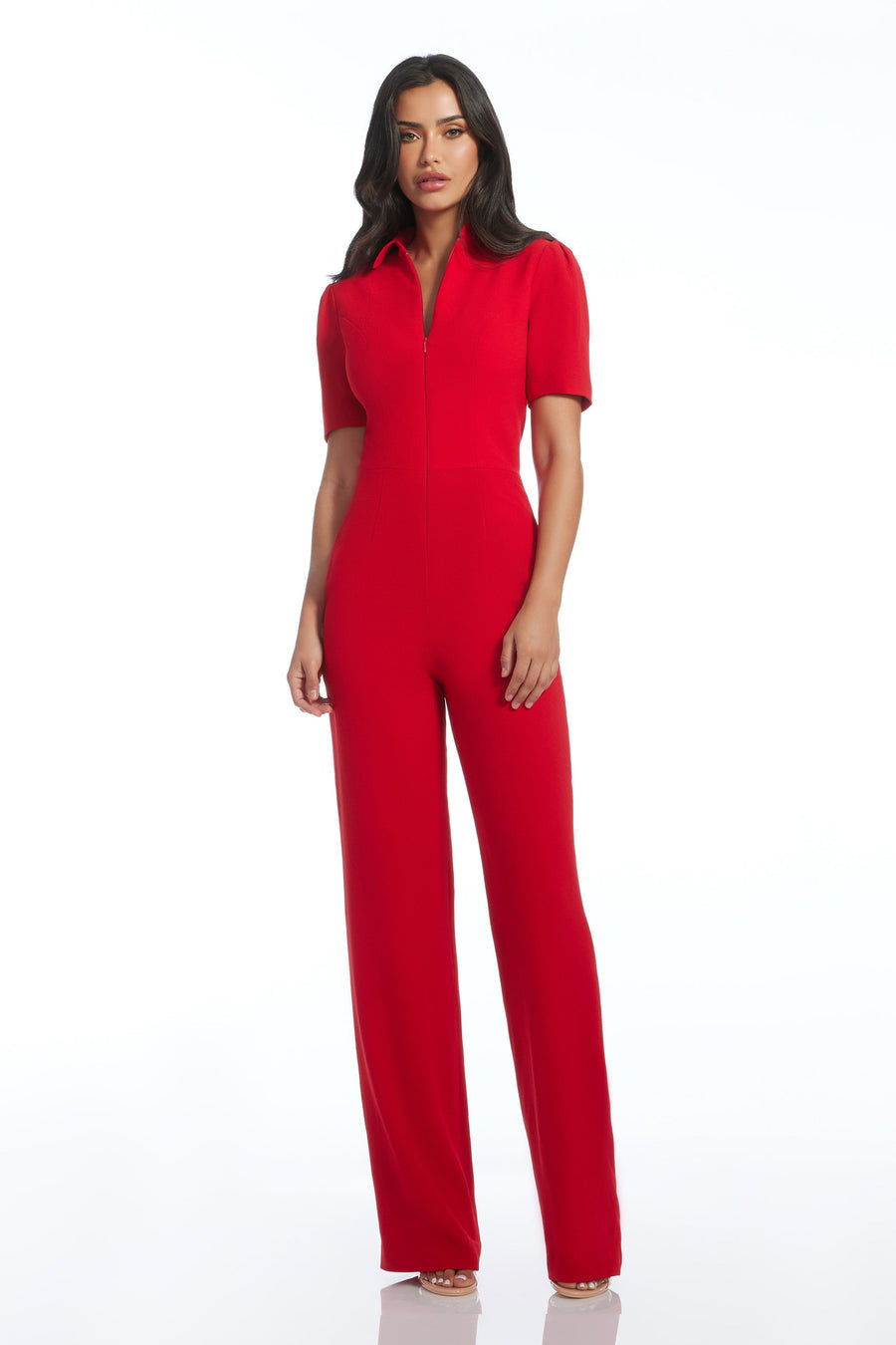 Dress The Population Gloria Jumpsuit Rouge Red Wide Leg Puff Sleeve Sz Small $248