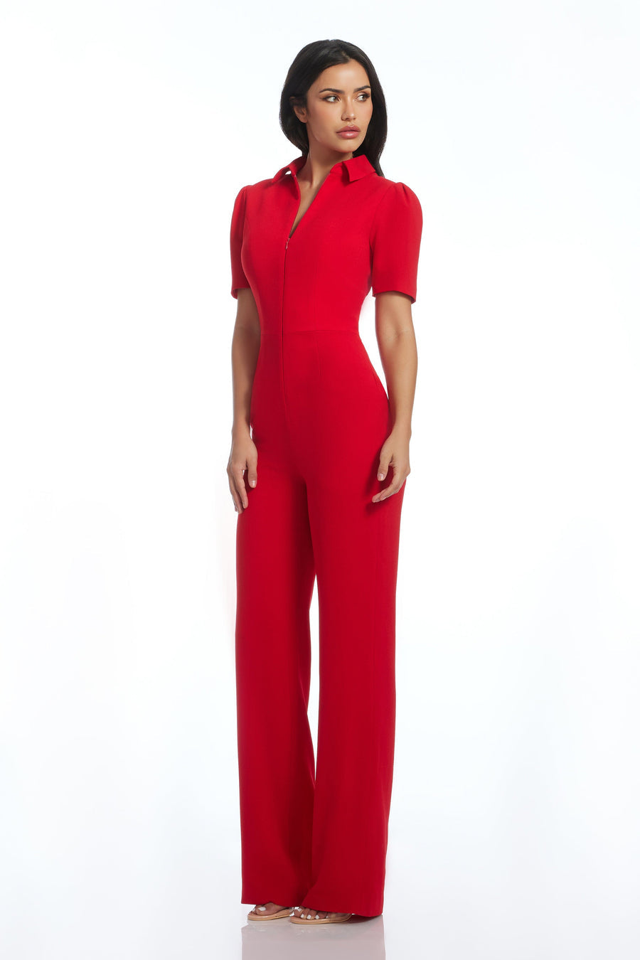 Dress The Population Gloria Jumpsuit Rouge Red Wide Leg Puff Sleeve Sz Small $248