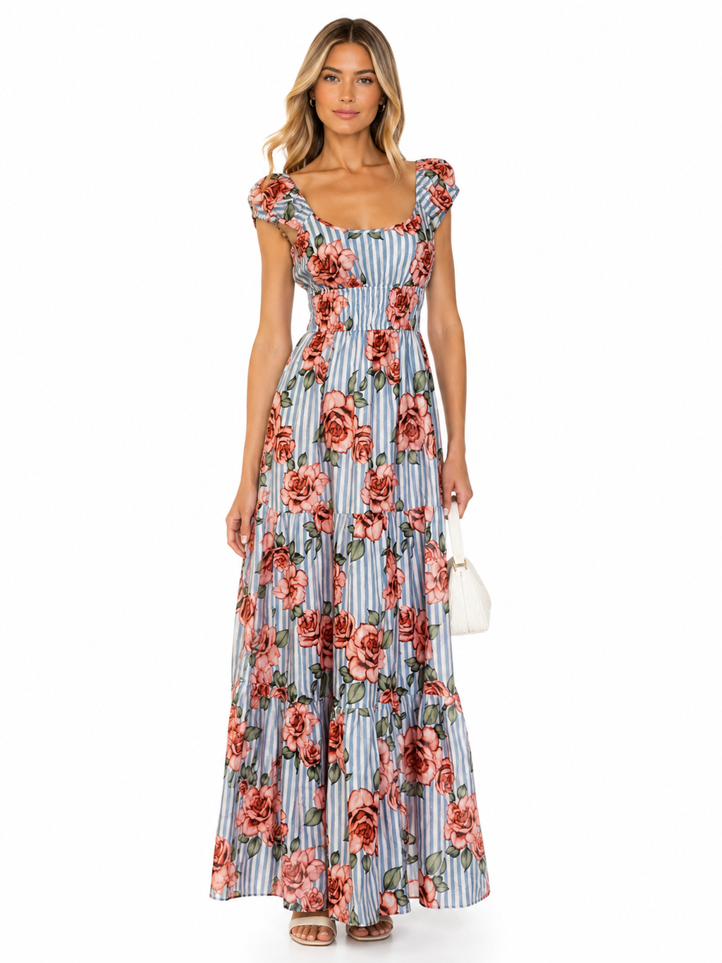 Hutch Blue Coral Striped Rose Floral Maxi Dress Size Small Retail $350